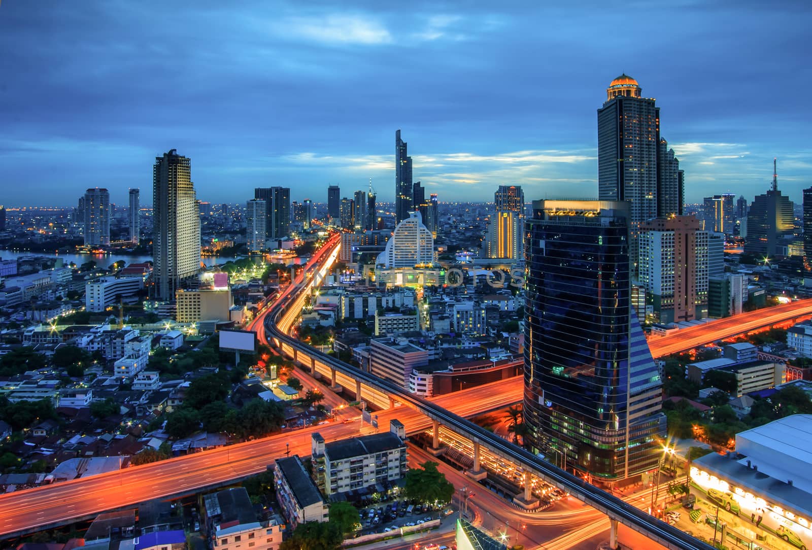 Bangkok city night view with main traffic