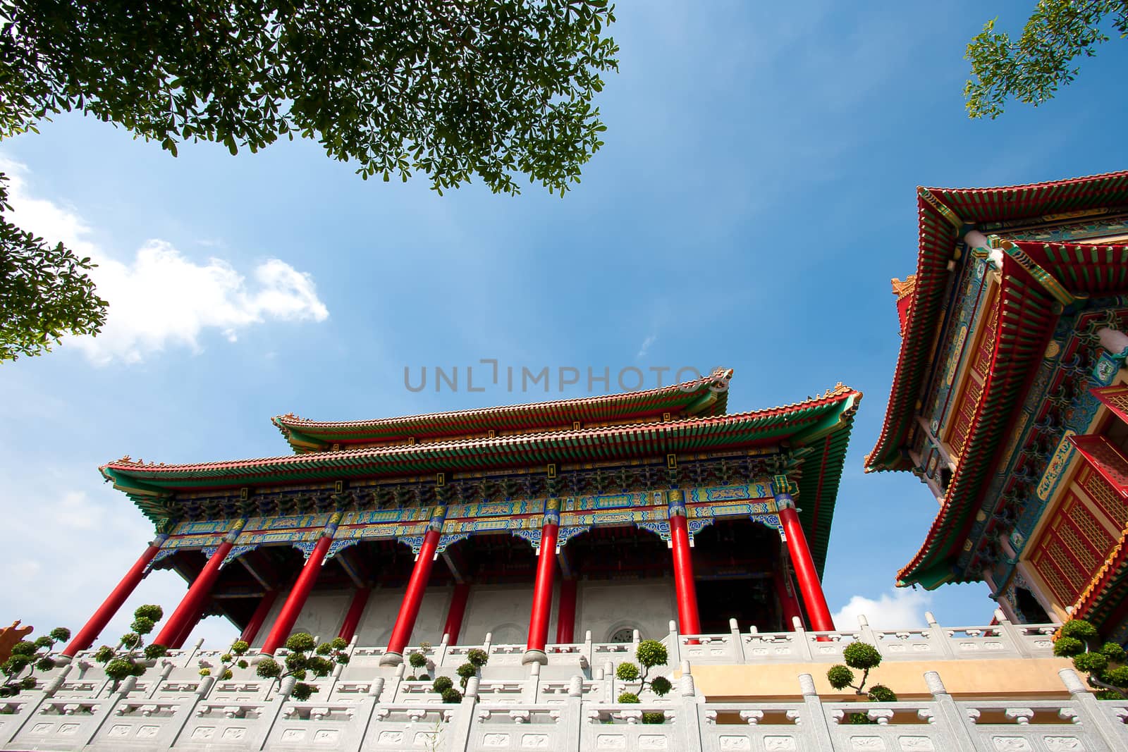 Chinese temple, Wat Leng-Noei-Yi against blue sky in Nonthaburi province, Thailand