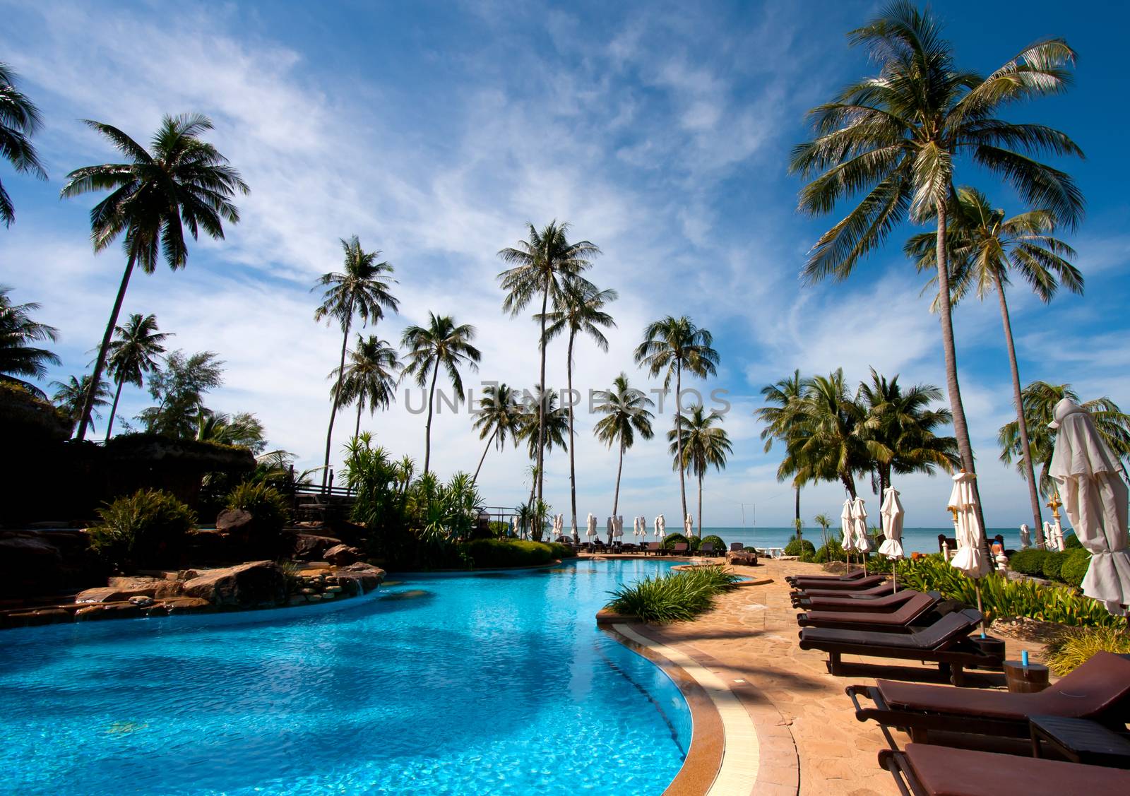 Deckchairs in tropical resort hotel pool