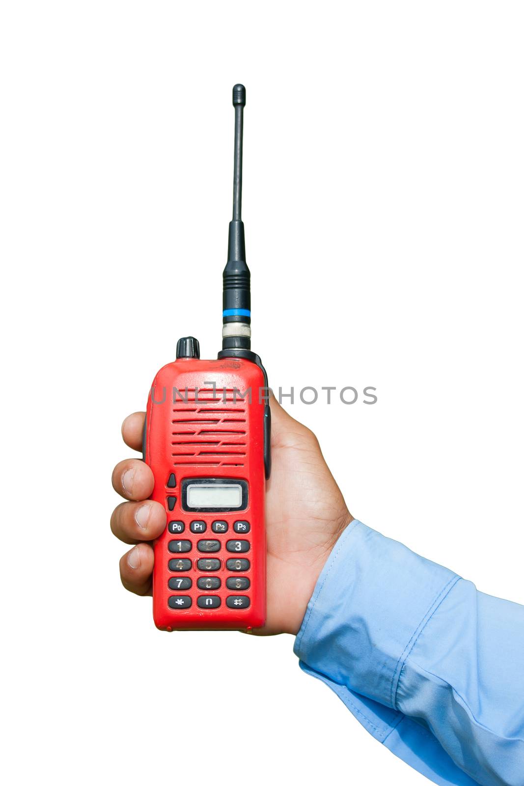 Red portable radio transceiver in hand isolated on white