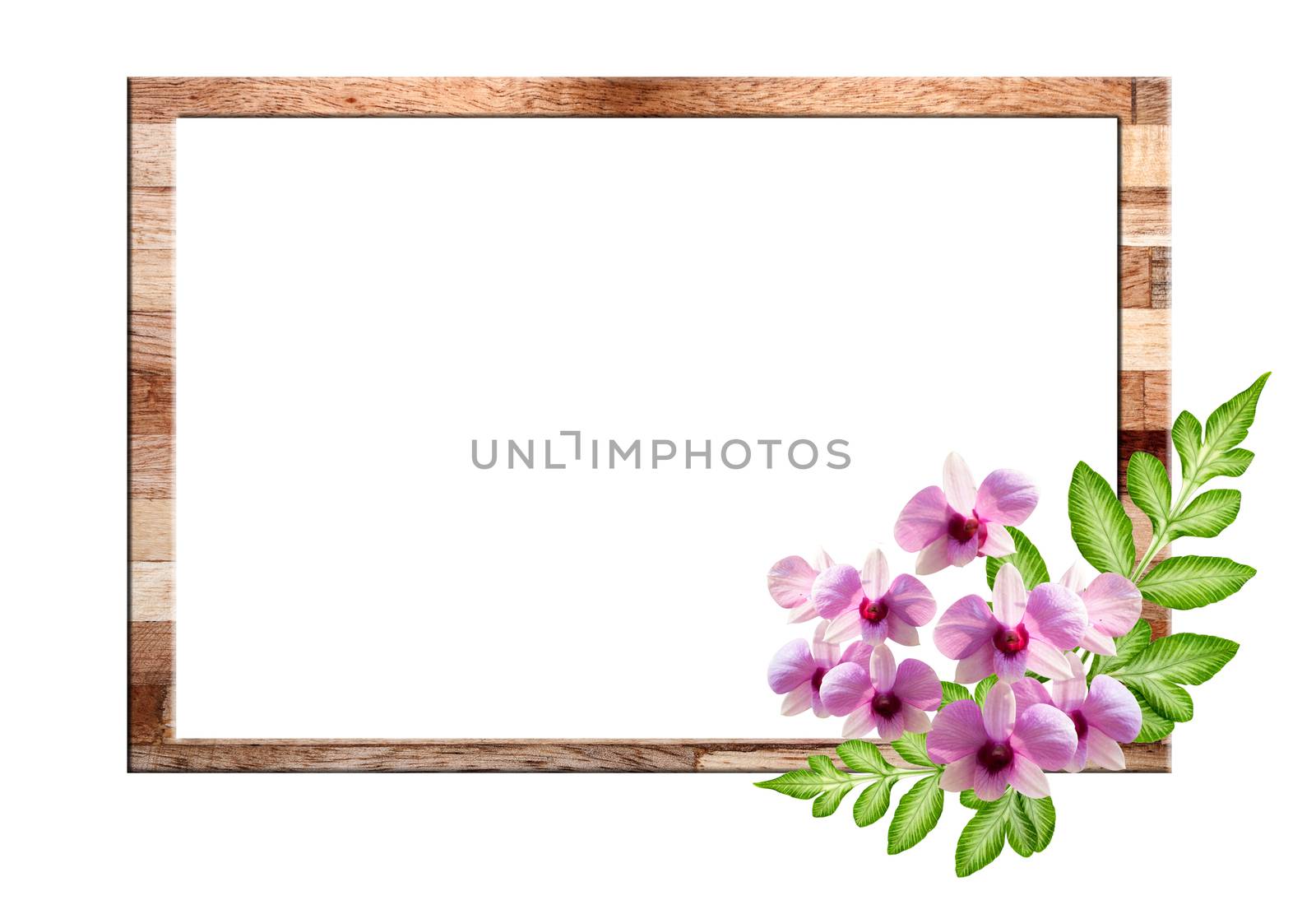 Pink orchid Flower and green leaf on Wooden frame by pkproject