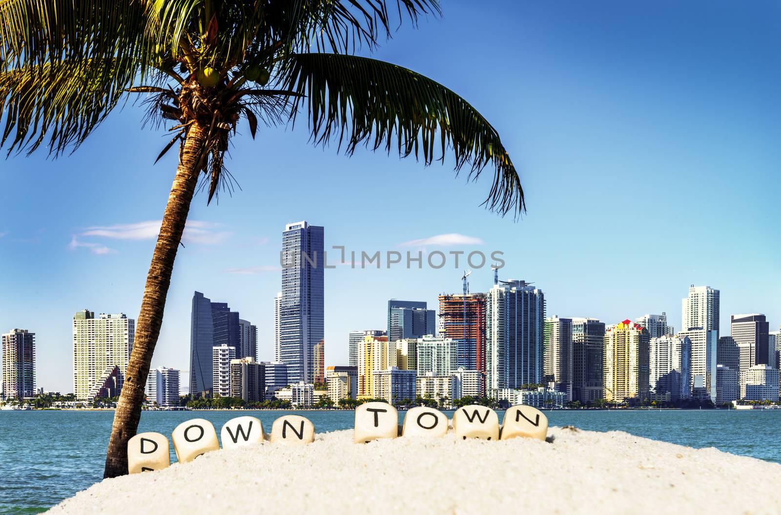 Miami Downtown skyline in daytime with Biscayne Bay.