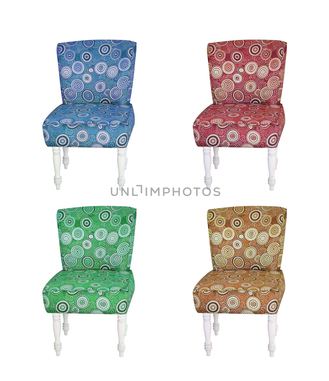 vintage fabric chair collection isolated on white.