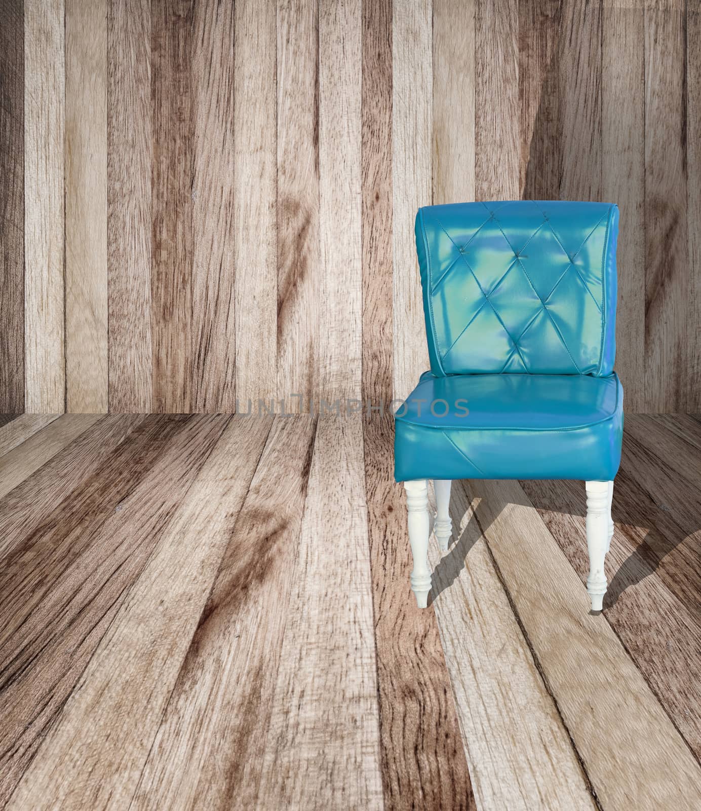 Blue vintage leather chair on perspective wooden floor