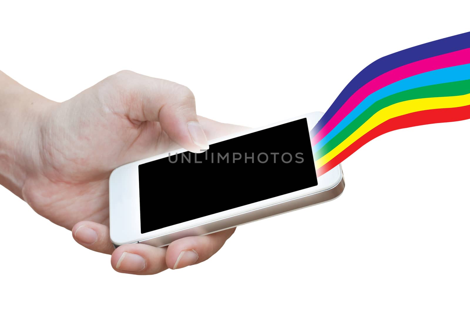 Hand holding smart phone and Colorful line over white background by pkproject