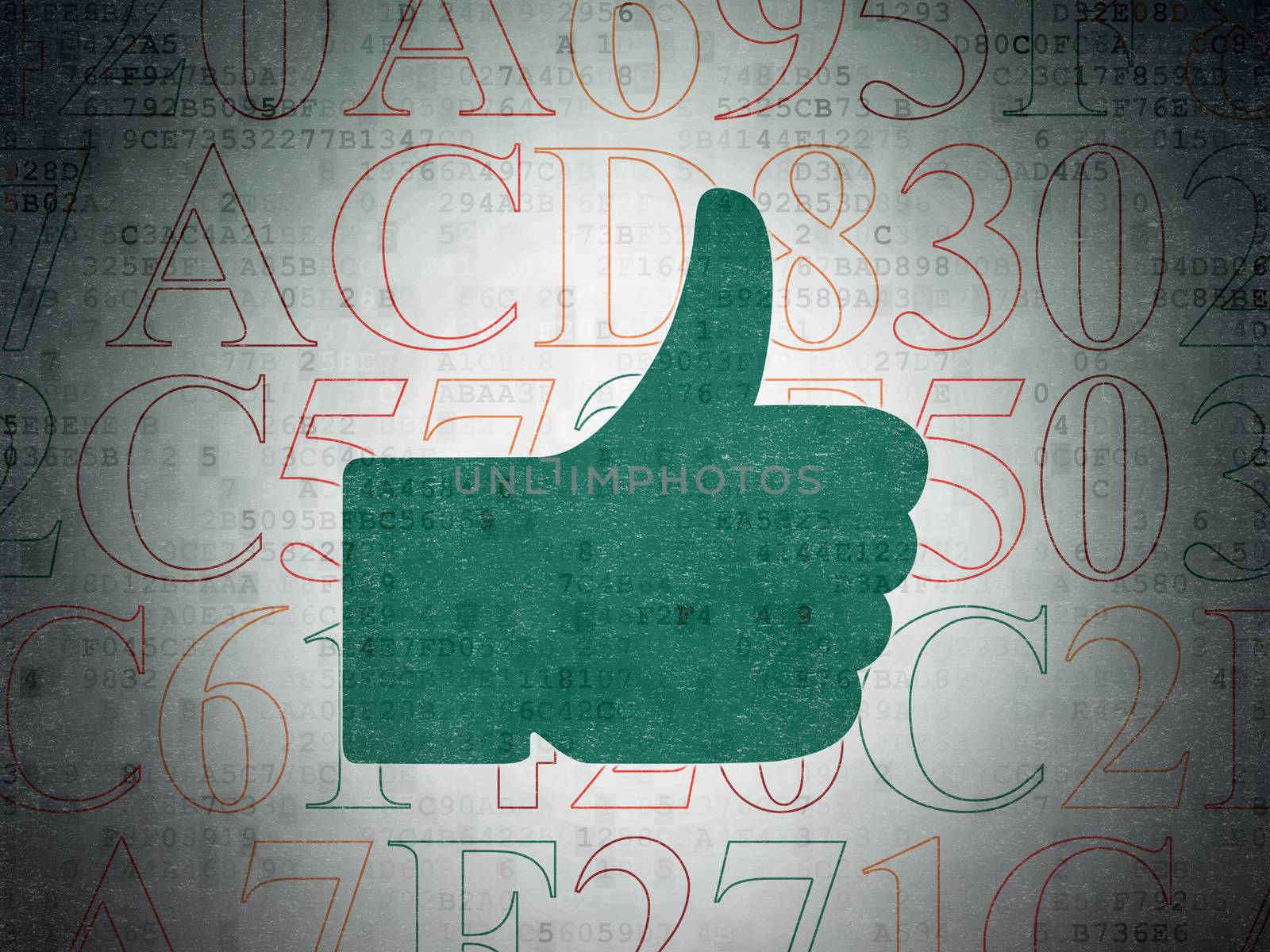 Social network concept: Painted green Thumb Up icon on Digital Paper background with  Hexadecimal Code