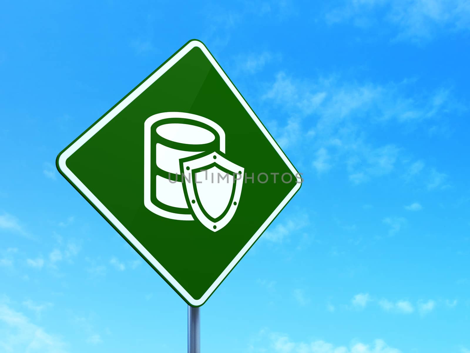 Programming concept: Database With Shield on green road highway sign, clear blue sky background, 3D rendering