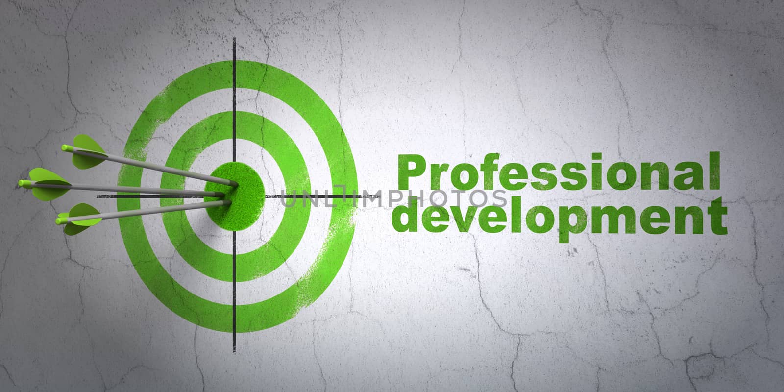 Success Studying concept: arrows hitting the center of target, Green Professional Development on wall background, 3D rendering