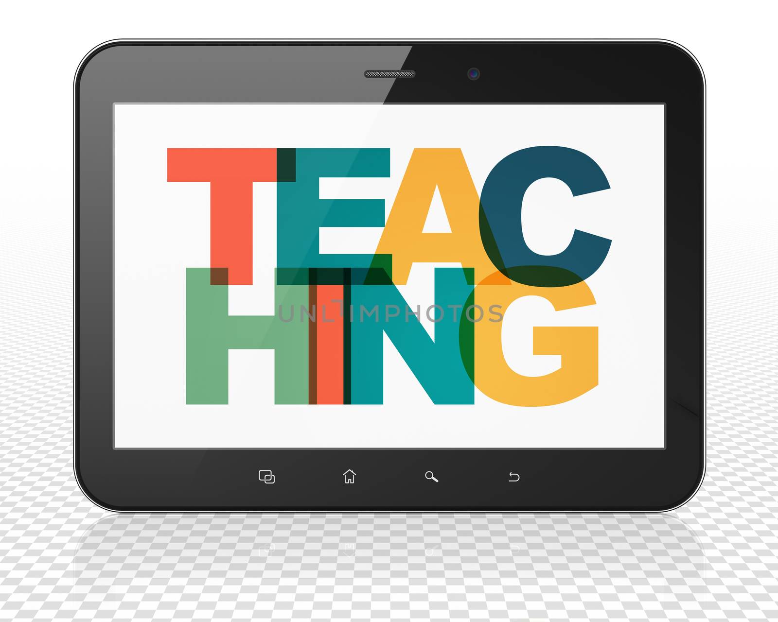 Learning concept: Tablet Pc Computer with Painted multicolor text Teaching on display, 3D rendering