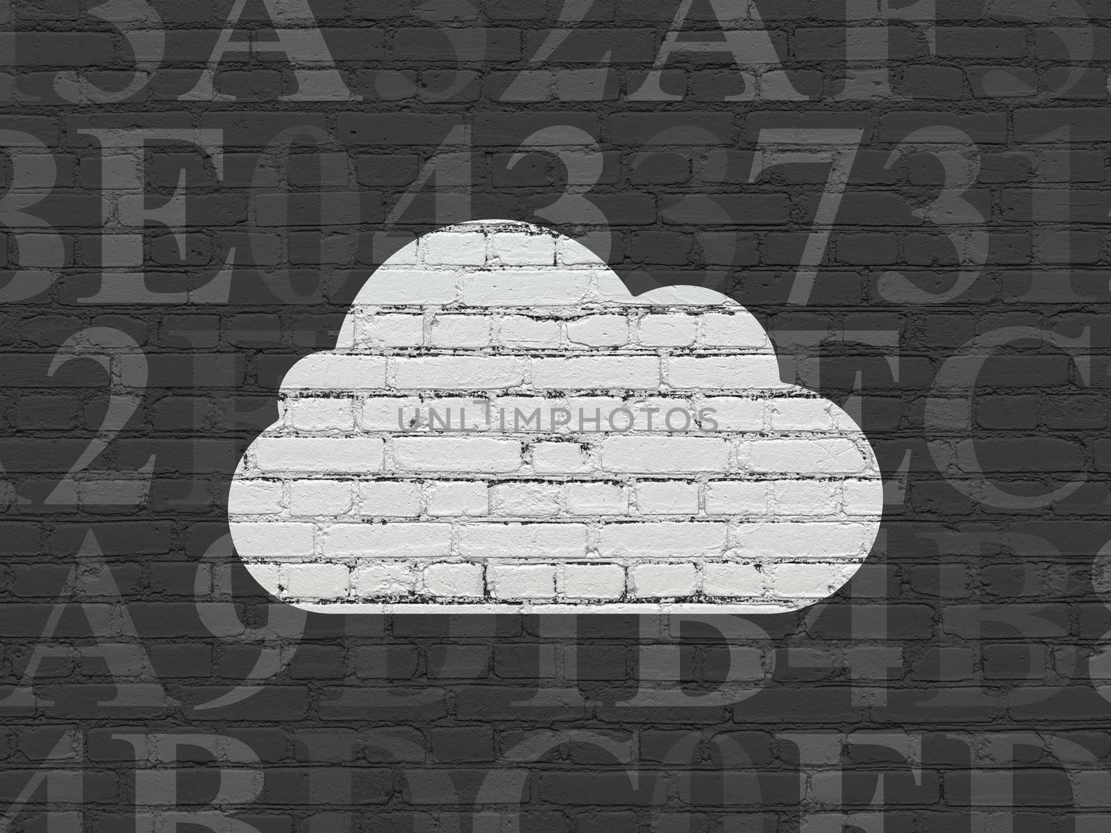 Cloud technology concept: Painted white Cloud icon on Black Brick wall background with  Hexadecimal Code