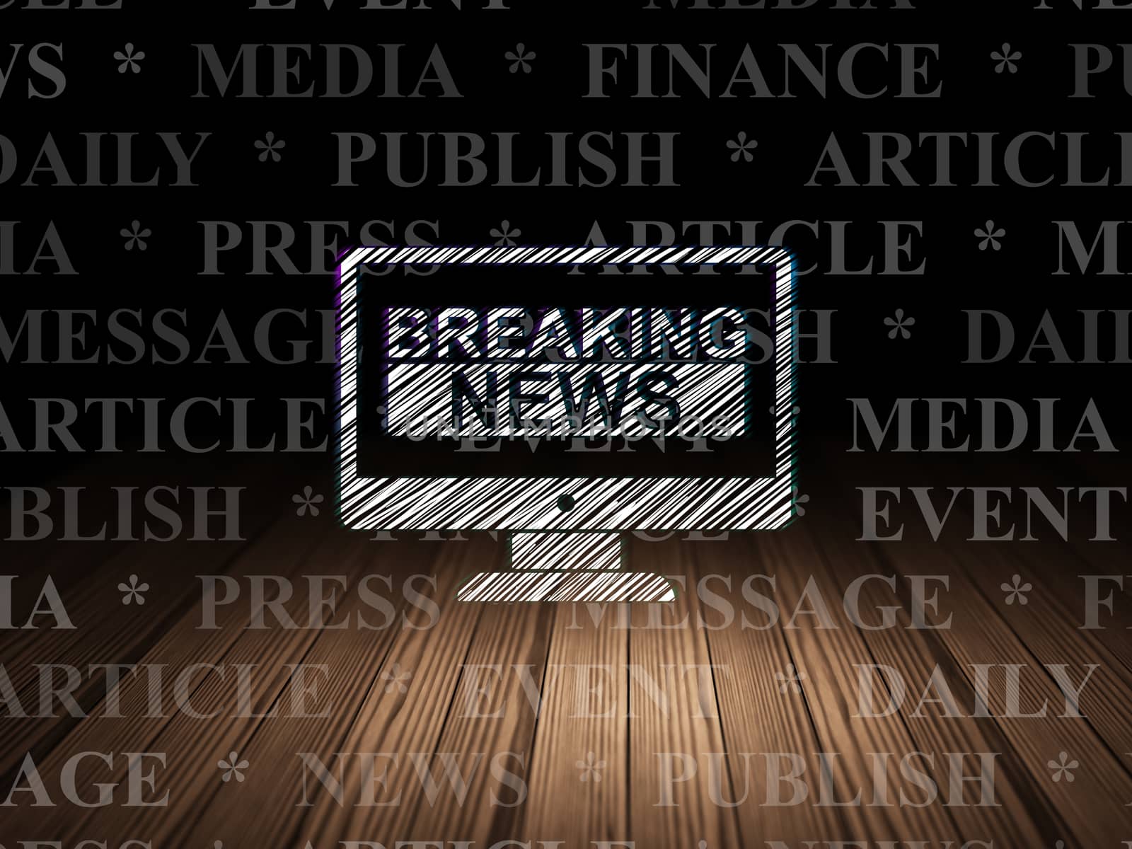 News concept: Glowing Breaking News On Screen icon in grunge dark room with Wooden Floor, black background with  Tag Cloud