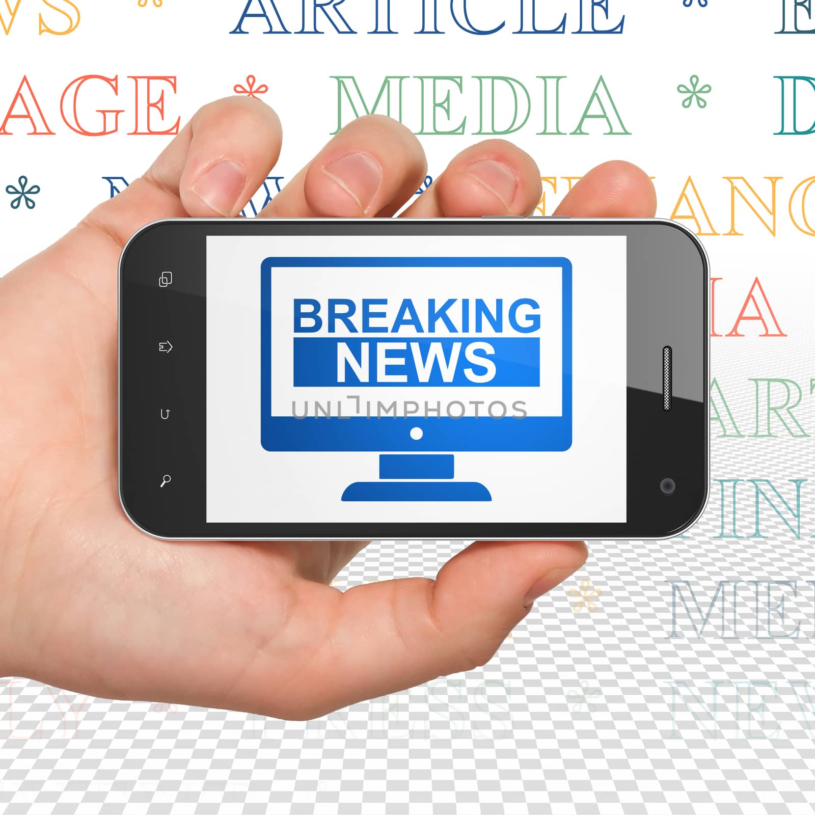 News concept: Hand Holding Smartphone with  blue Breaking News On Screen icon on display,  Tag Cloud background, 3D rendering