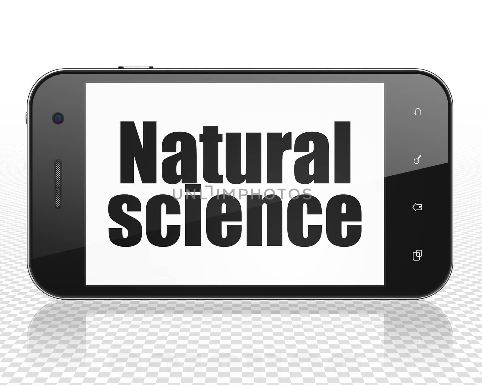 Science concept: Smartphone with black text Natural Science on display, 3D rendering