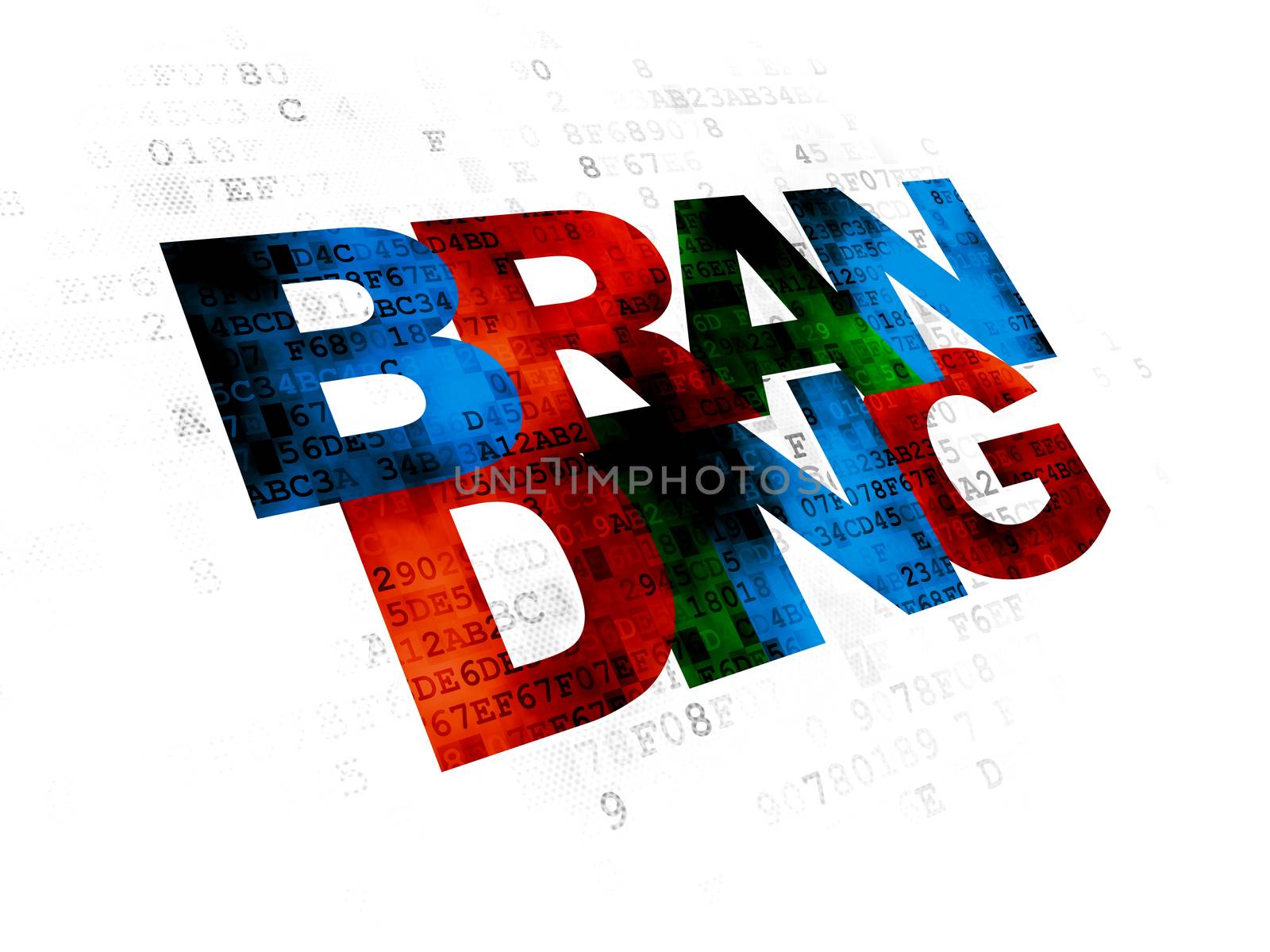 Advertising concept: Pixelated multicolor text Branding on Digital background