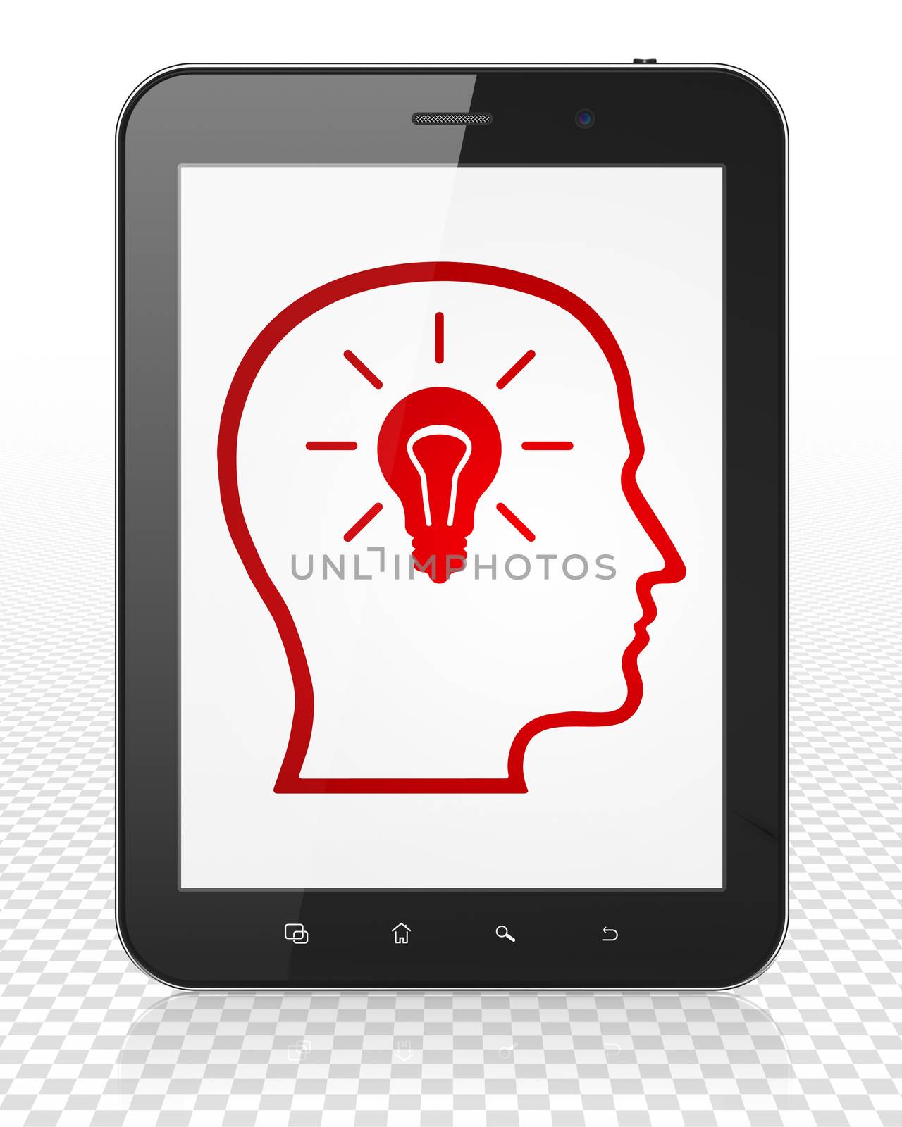 Advertising concept: Tablet Pc Computer with Head With Lightbulb on display by maxkabakov