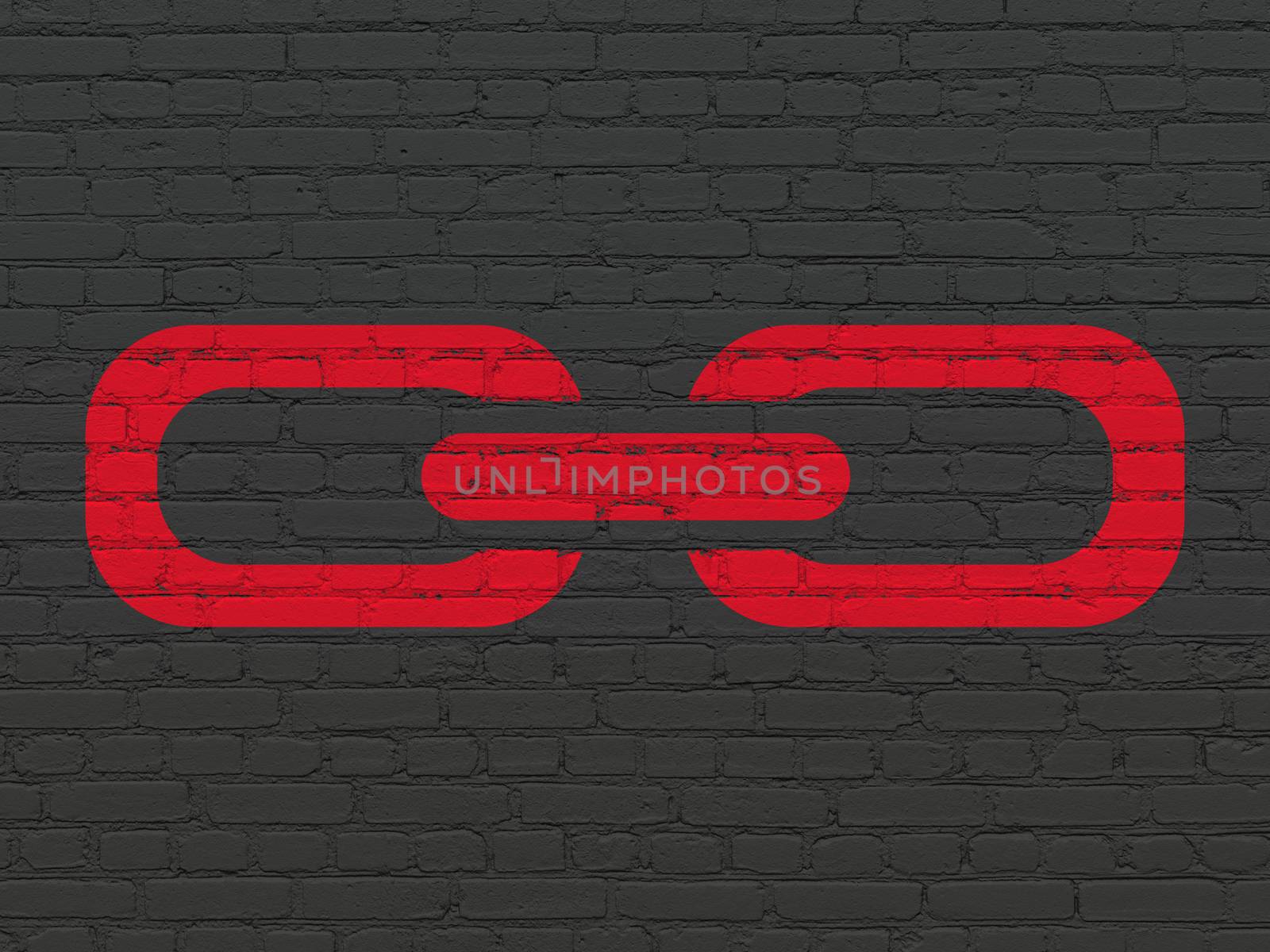 Web development concept: Painted red Link icon on Black Brick wall background