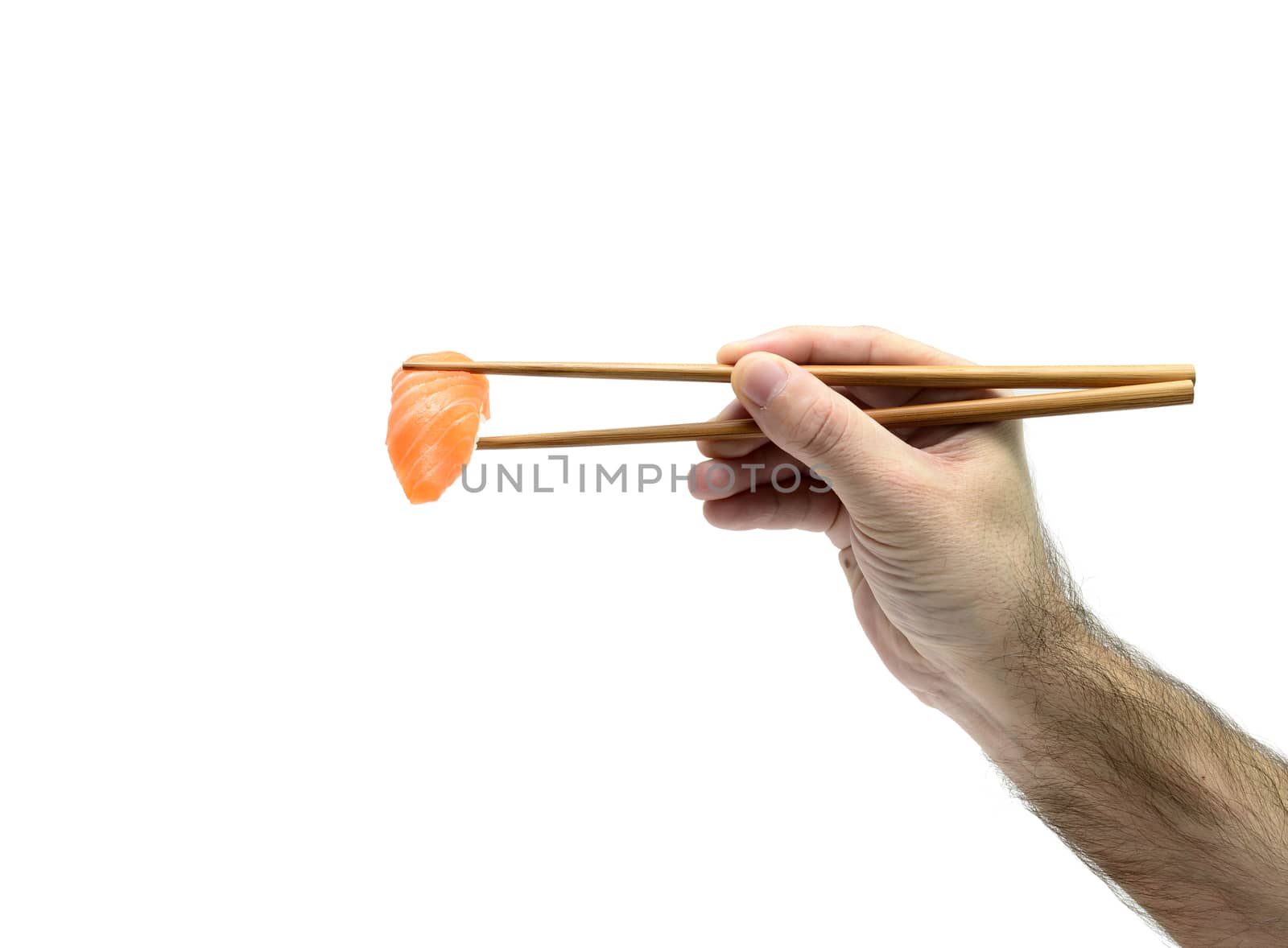 salmon sushi hand  isolated over white background