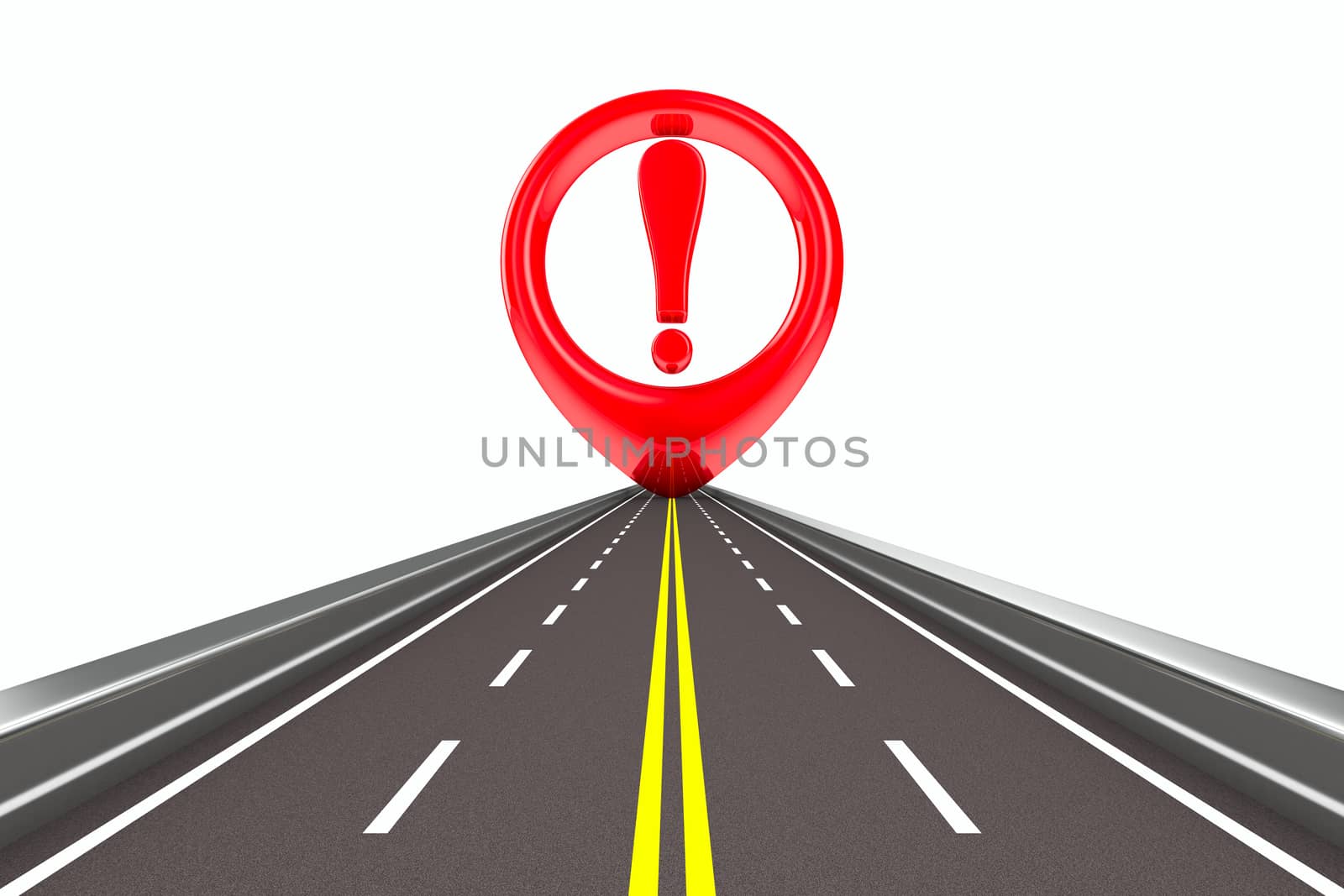 Exclamation sign on road. Isolated 3D image