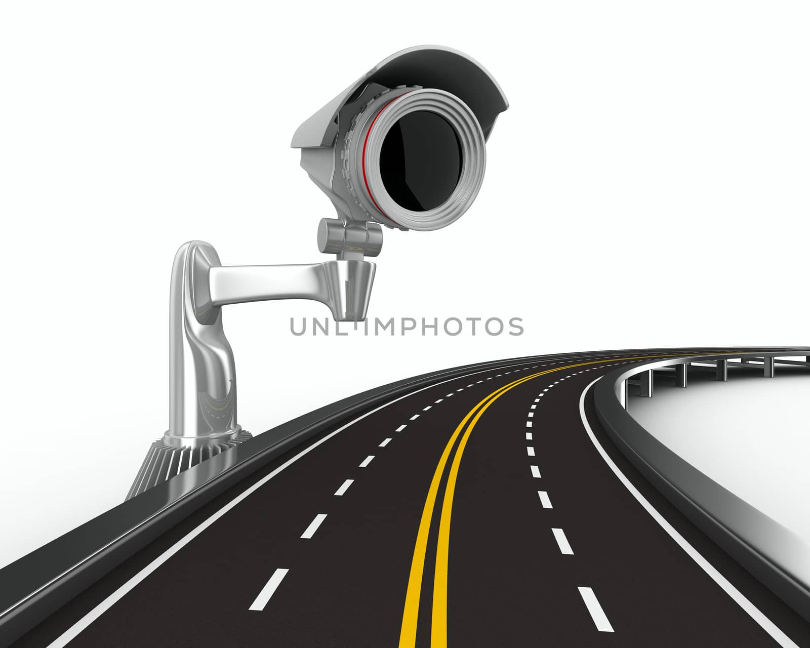 asphalted road with camera on white. Isolated 3D image