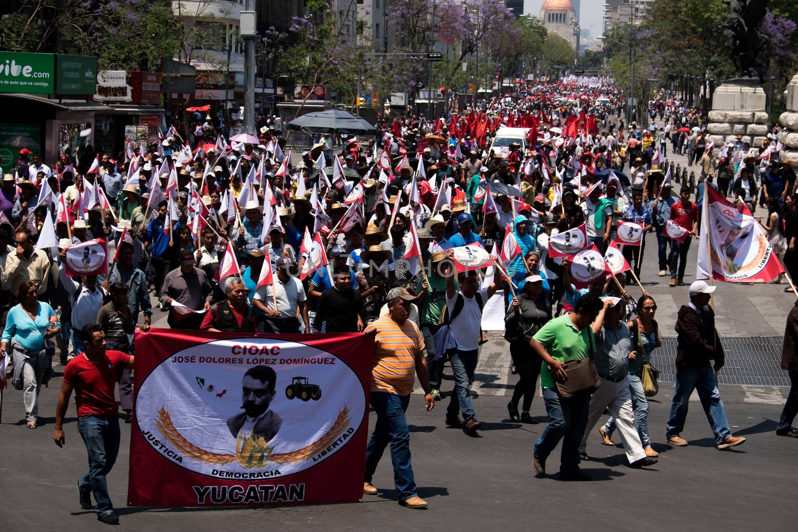 MEXICO, Mexico City: Hundreds march through Mexico City on April 11, 2016 — the day following revolutionary Emiliano Zapata's death anniversary — to draw attention to desires of several indigenous communities. Campesinos, people who live in the rural areas- from all Mexican states, came to the capital to express their discontent with the government. The demonstration was also held to commemorate the famous revolutionary Emilio Zapata.