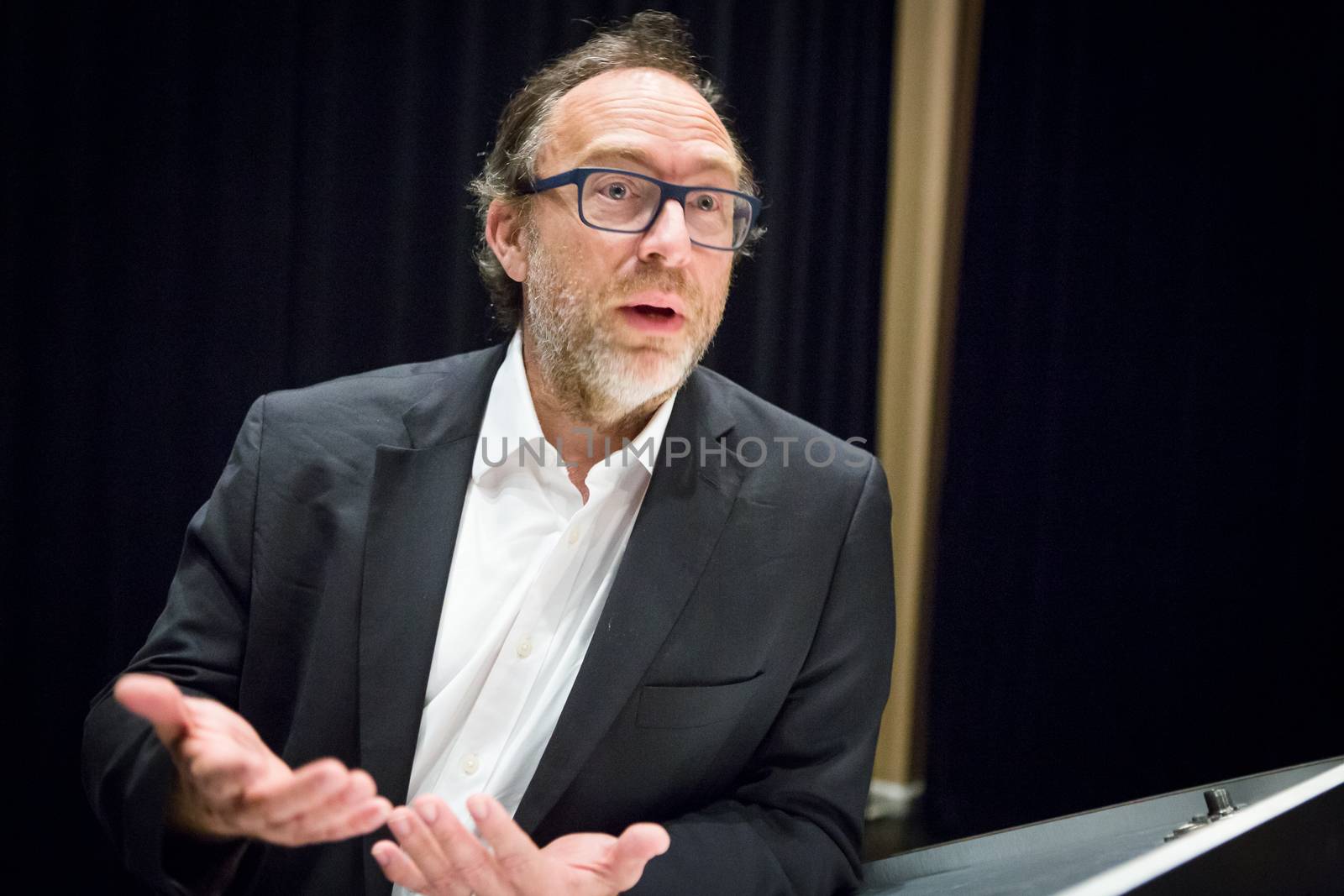 CANADA, Montreal: American co-founder of online encyclopedia Wikipedia and internet entrepreneur Jimmy Wales delivers a speech during a conference held by the Board of Trade of Metropolitan Montreal (CMM in French), in Montreal, Quebec, on April 11, 2016.