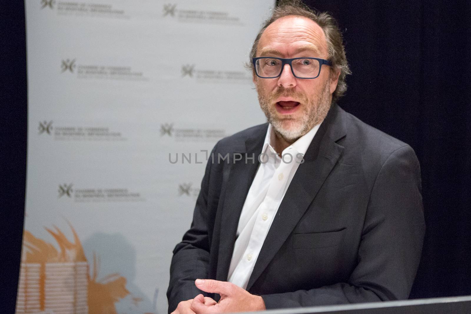 CANADA, Montreal: American co-founder of online encyclopedia Wikipedia and internet entrepreneur Jimmy Wales delivers a speech during a conference held by the Board of Trade of Metropolitan Montreal (CMM in French), in Montreal, Quebec, on April 11, 2016.