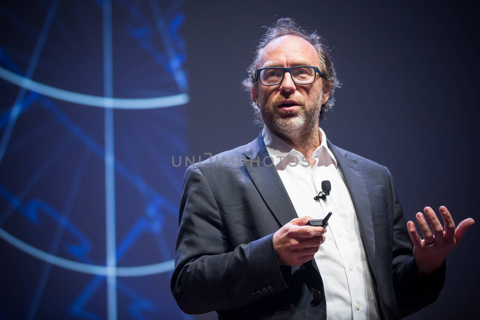 CANADA, Montreal: American co-founder of online encyclopedia Wikipedia and internet entrepreneur Jimmy Wales delivers a speech during a conference held by the Board of Trade of Metropolitan Montreal (CMM in French), in Montreal, Quebec, on April 11, 2016.