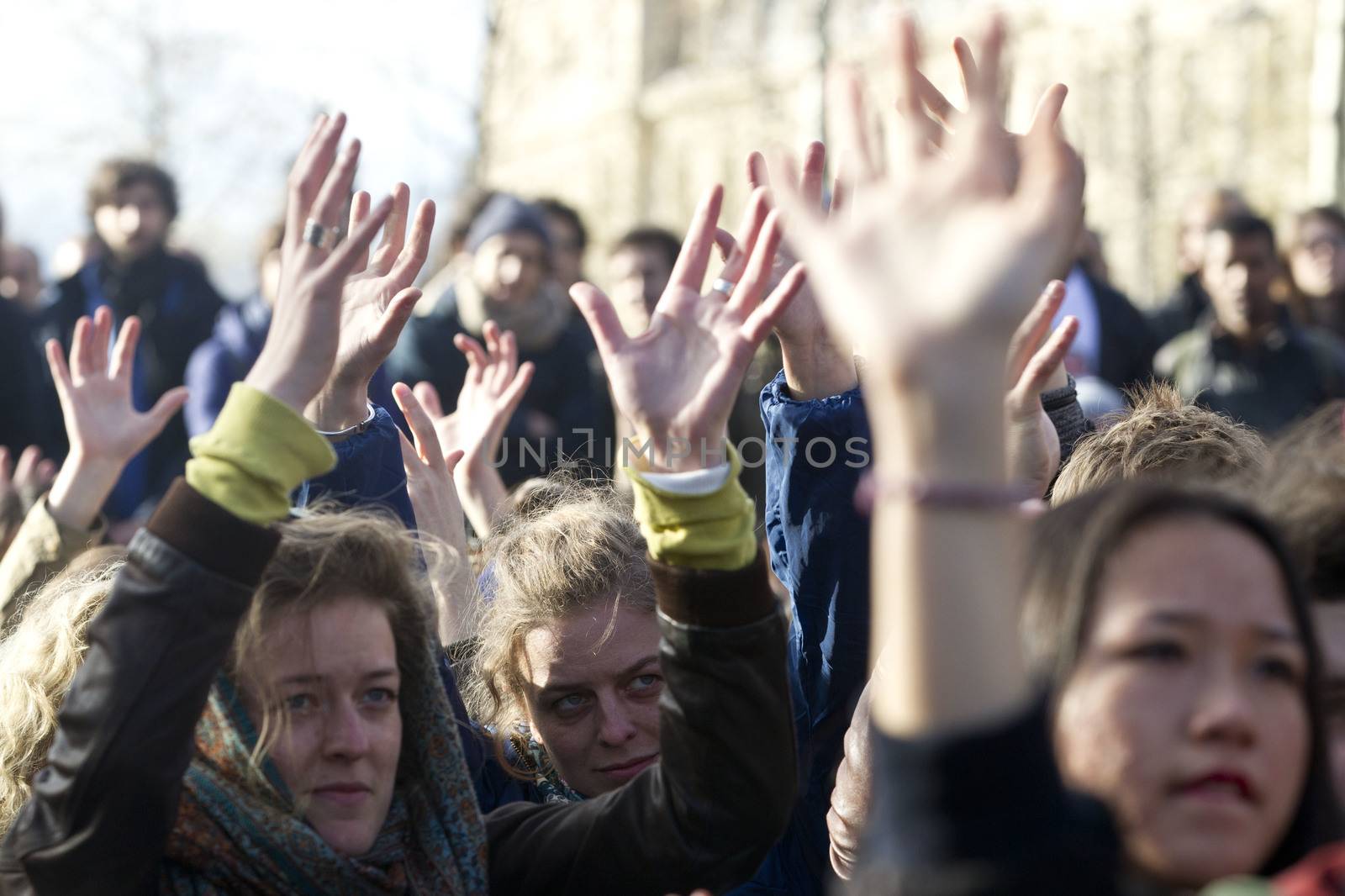 FRANCE, Paris: Hundreds of protesters gather on the Place de La Republique in Paris as part of demonstrations by the Nuit Debout (Up All Night) movement, on April 11, 2016. French Prime Minister Manuel Valls unveiled measures to help young people find work, aiming to quell weeks of protests against the government's proposed reforms to labour laws. Young people have been at the forefront of mass demonstrations against the reforms over the past month, which the government argues are aimed at making France's rigid labour market more flexible.
