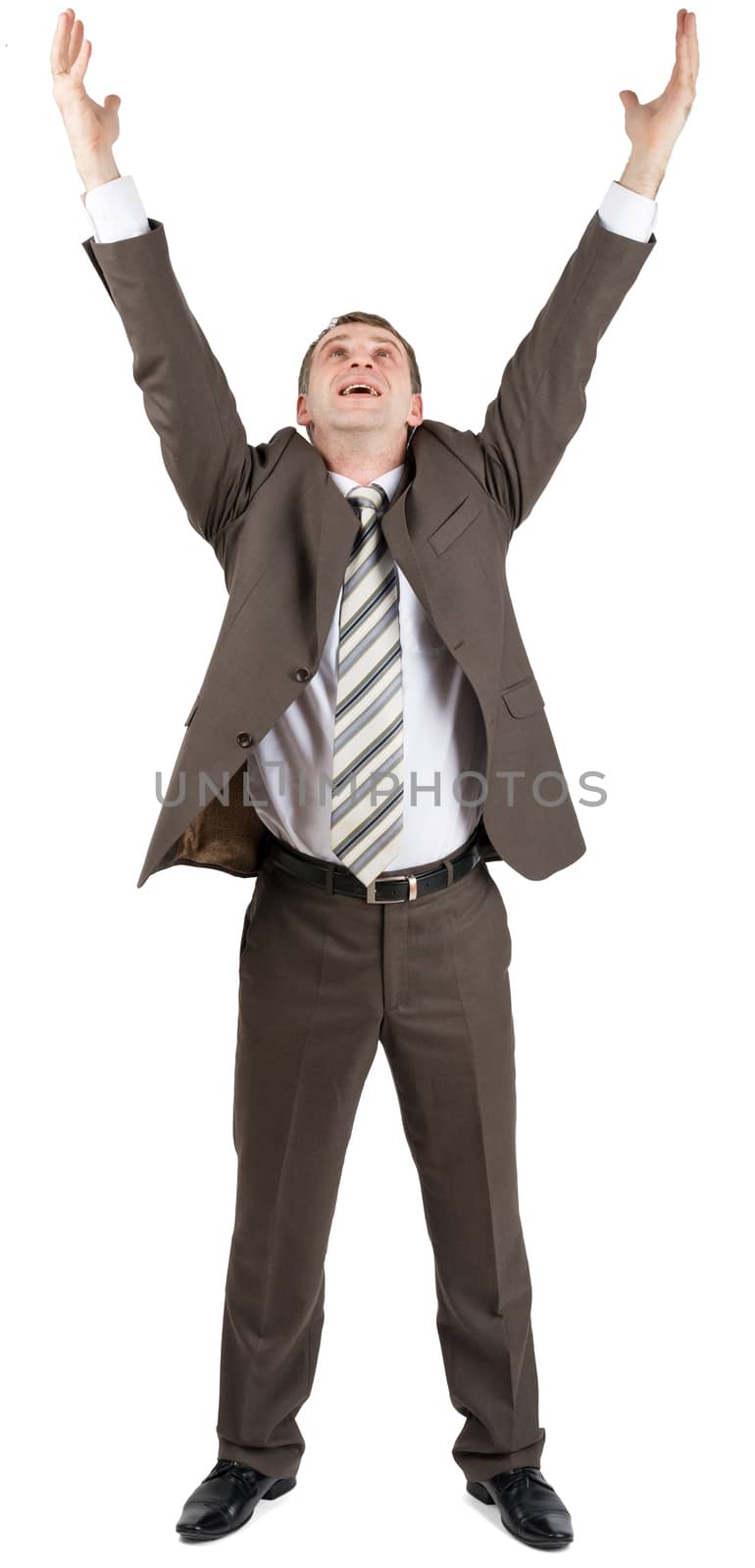 Businessman running up isolated on white background, front view