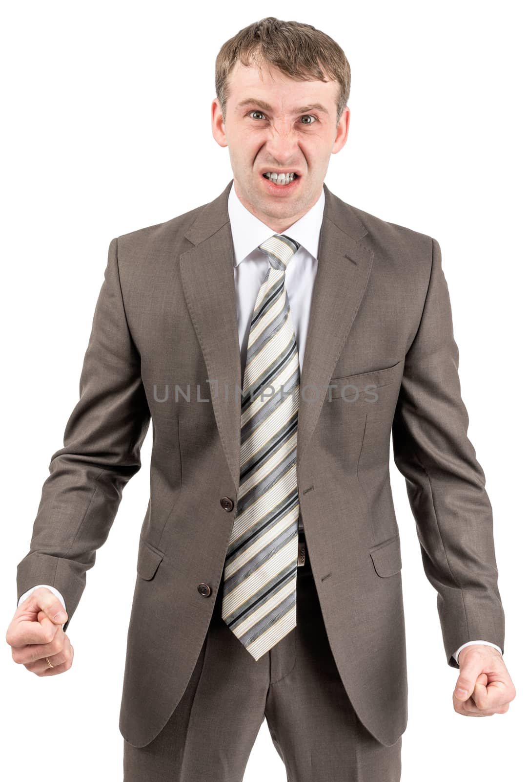 Angry businessman looking at camera isolated on white background