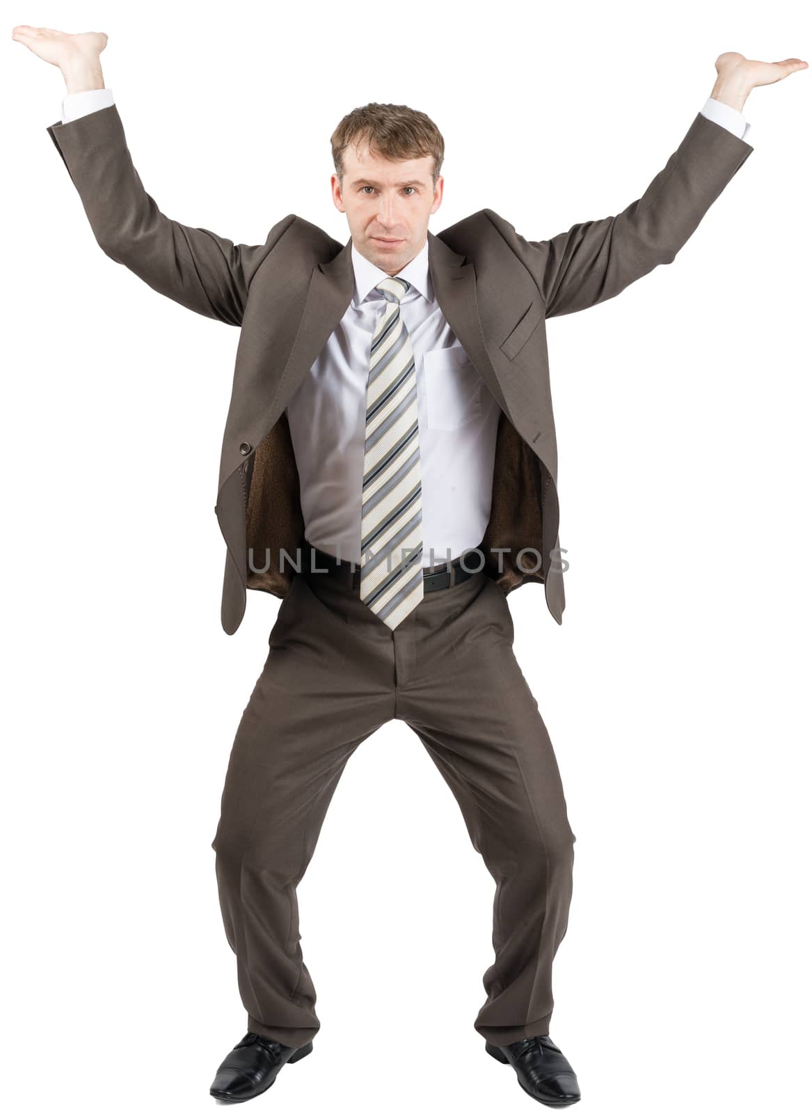 Businessman holding arms up isolated on white background