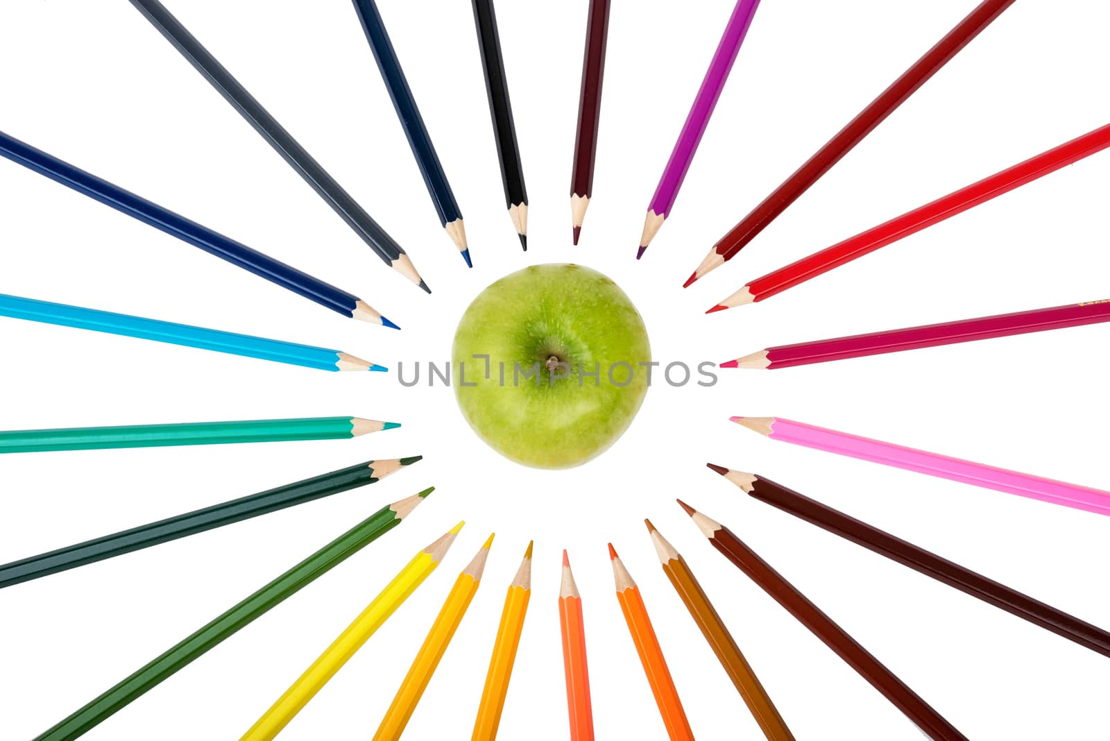 Apple with colorful crayons isolated on white background, top view