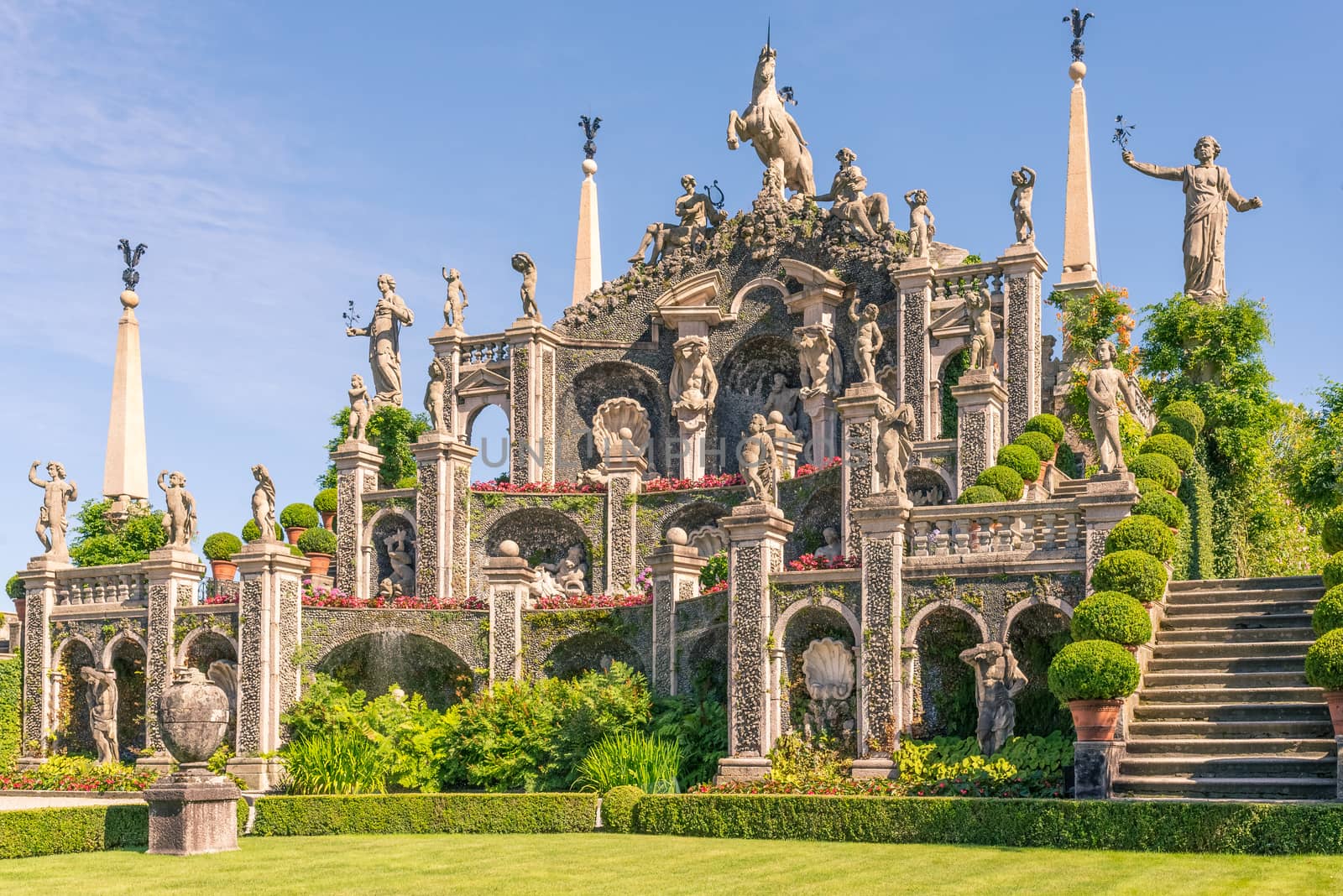 Pictured Isolabella island with its beautiful gardens and its wonderful baroque statues, Lake Maggiore, Stresa, Italy.