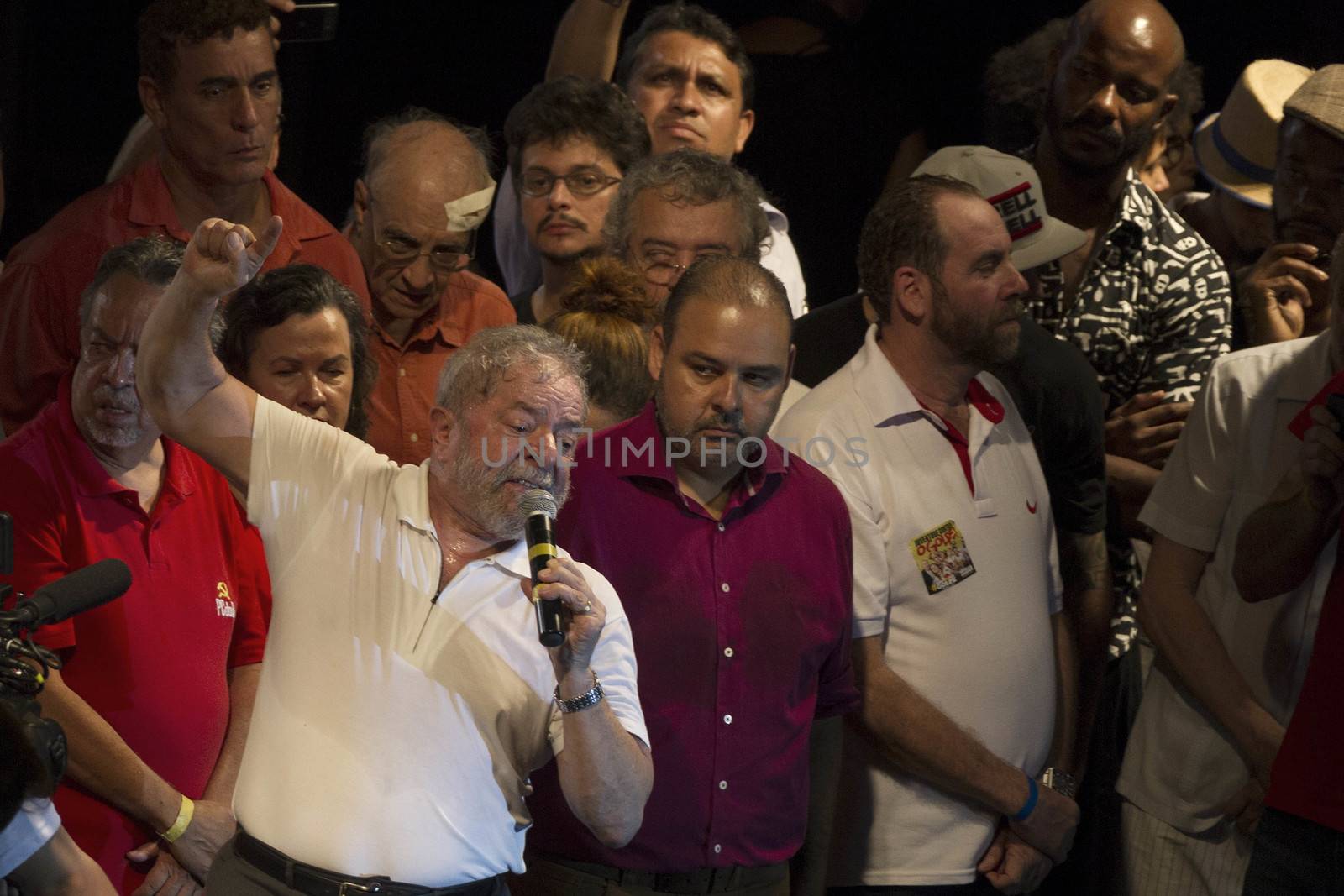 BRAZIL, Rio de Janeiro : Brazilian former President (2003-2011) Luiz Inacio Lula Da Silva delivers a speech during a rally in support of Brazilian President Dilma Rousseff in Rio de Janeiro, Brazil on April 11, 2016.A congressional committee on Monday recommended impeachment of Rousseff, setting the stage for a crucial vote in the lower house to decide whether she should face trial. 