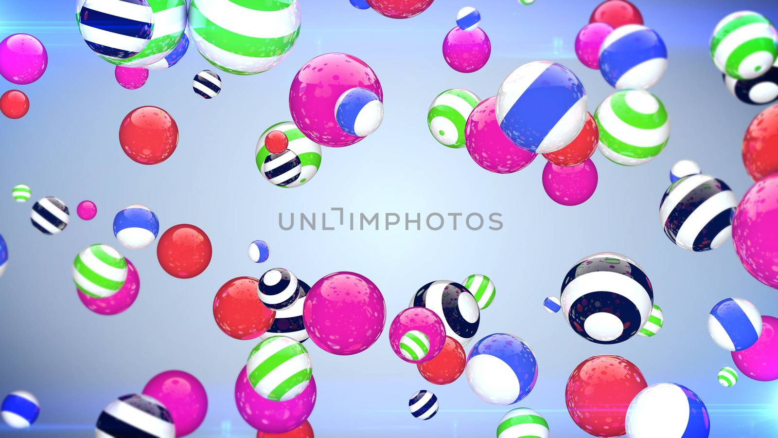 Abstract flying balls of different colours with a blue background