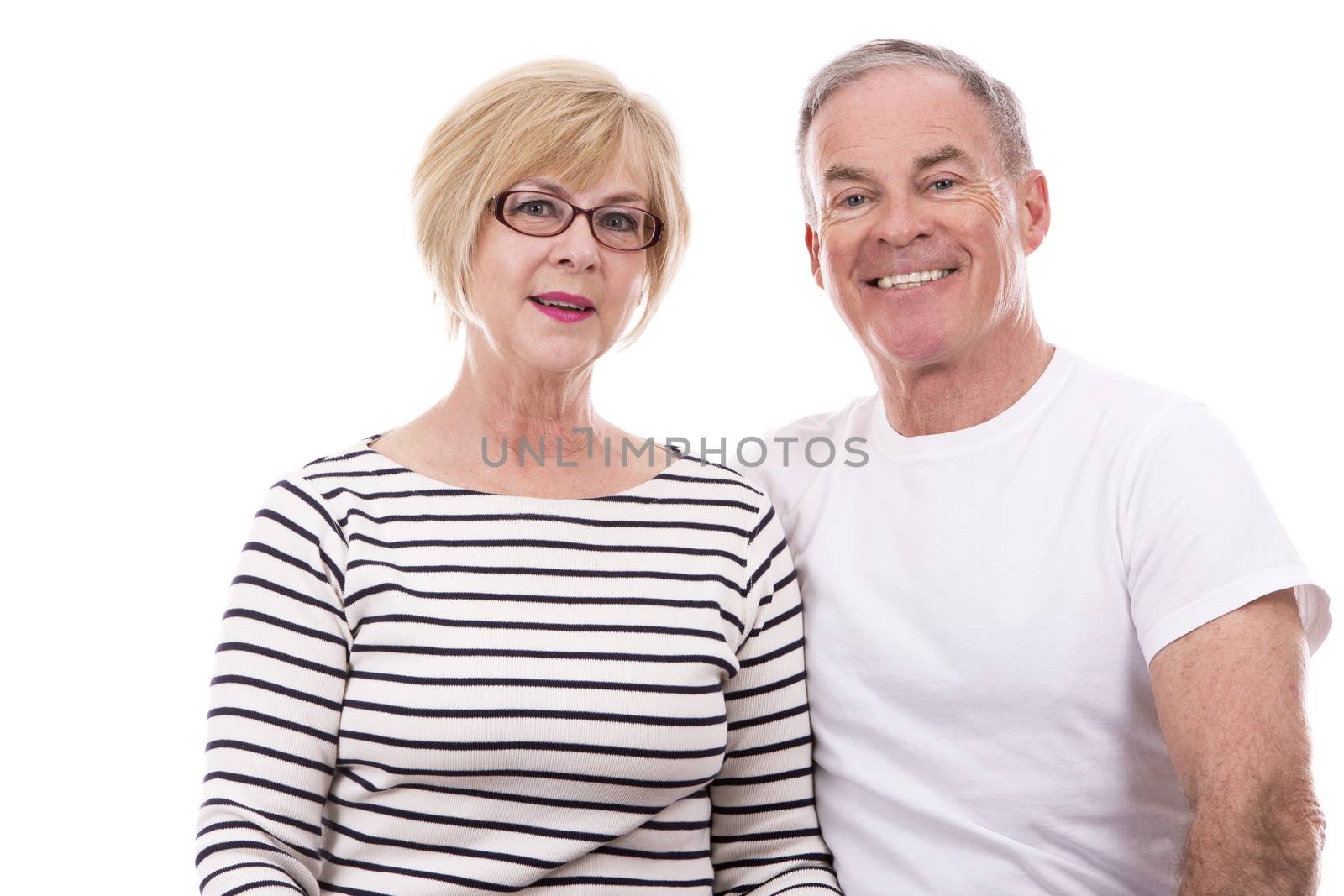 retired couple wearing summer outfits on white isolated background