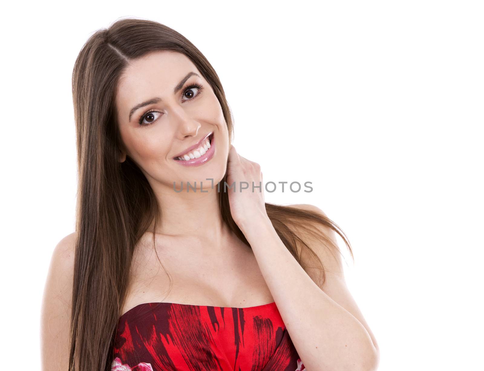 young woman wearing red dress on white background