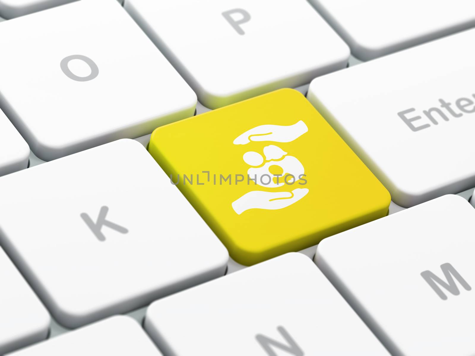 Insurance concept: computer keyboard with Family And Palm icon on enter button background, selected focus, 3D rendering