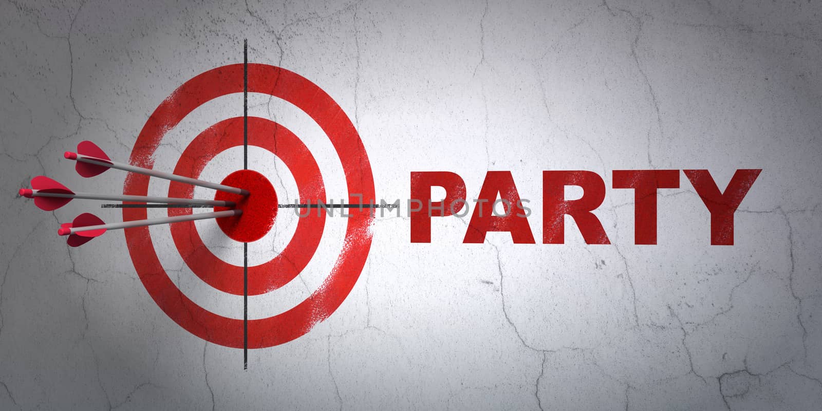 Success entertainment, concept: arrows hitting the center of target, Red Party on wall background, 3D rendering