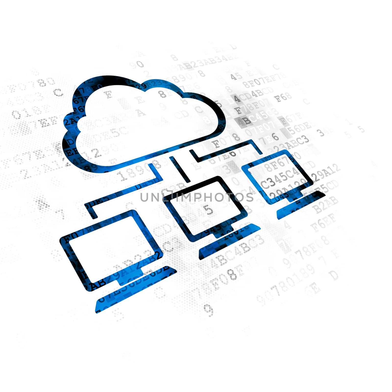 Cloud networking concept: Pixelated blue Cloud Network icon on Digital background