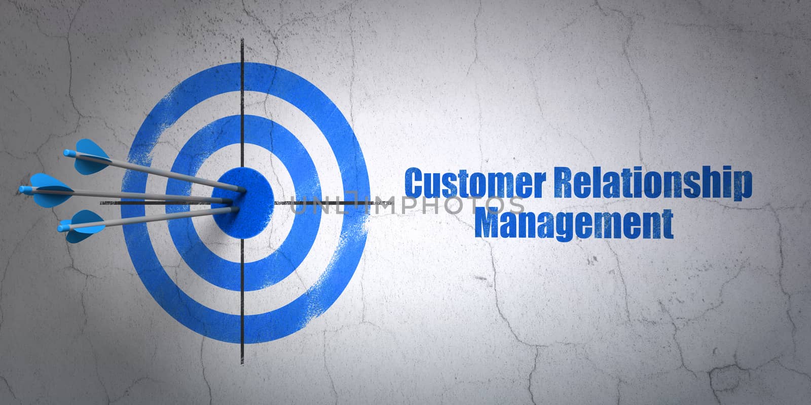 Success advertising concept: arrows hitting the center of target, Blue Customer Relationship Management on wall background, 3D rendering