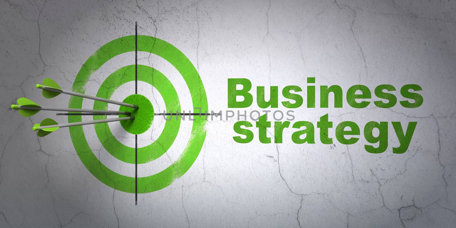 Success business concept: arrows hitting the center of target, Green Business Strategy on wall background, 3D rendering