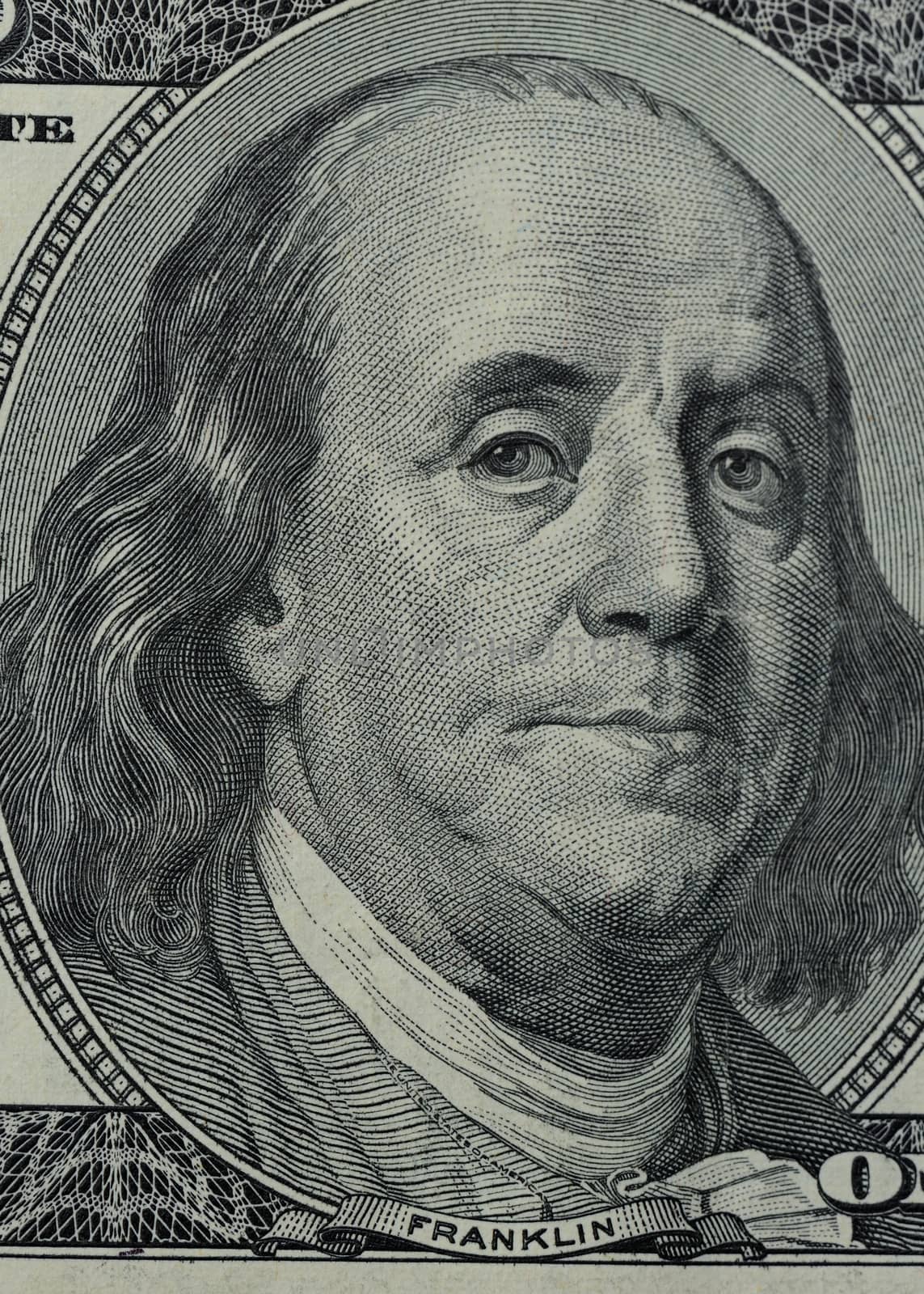 close up of Franklin on 100 dollars bill
