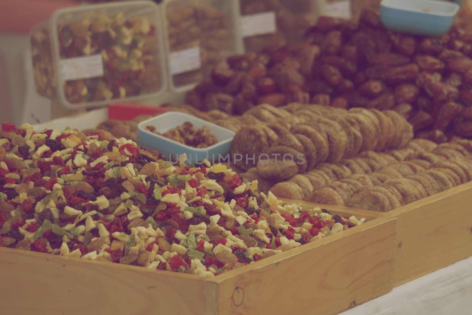 Sweet mix dried fruits colorful vegetarian food in vintage style.