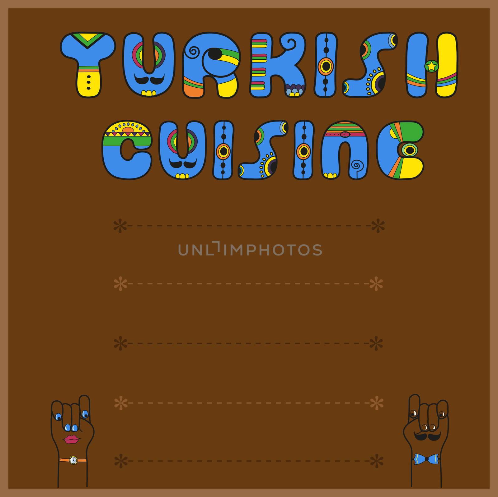 Inscription Turkish Cuisine. Funny blue Letters with btight parts