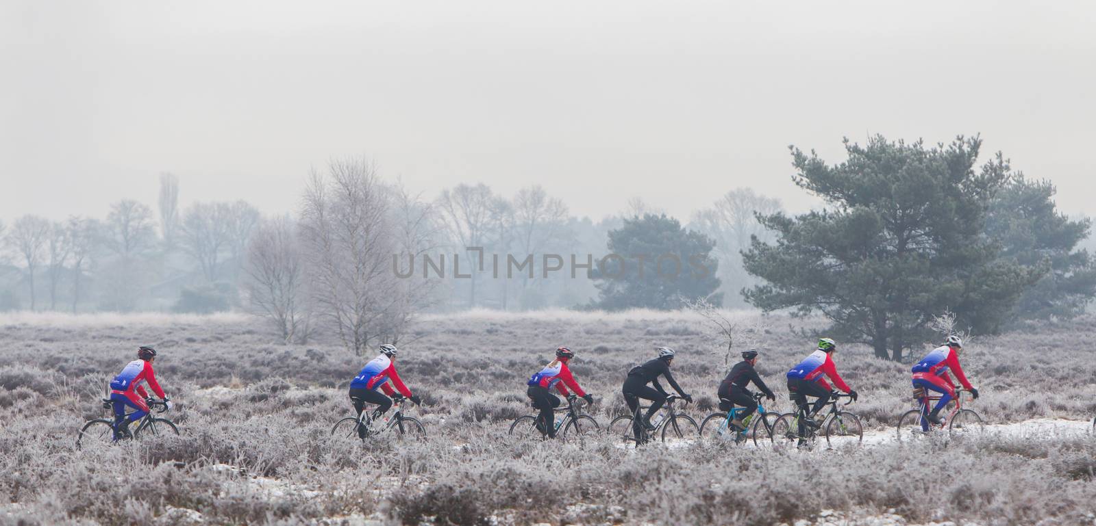 EPE, THE NETHERLANDS - MARCH 5, 2016: Cyclists under winter skie by michaklootwijk