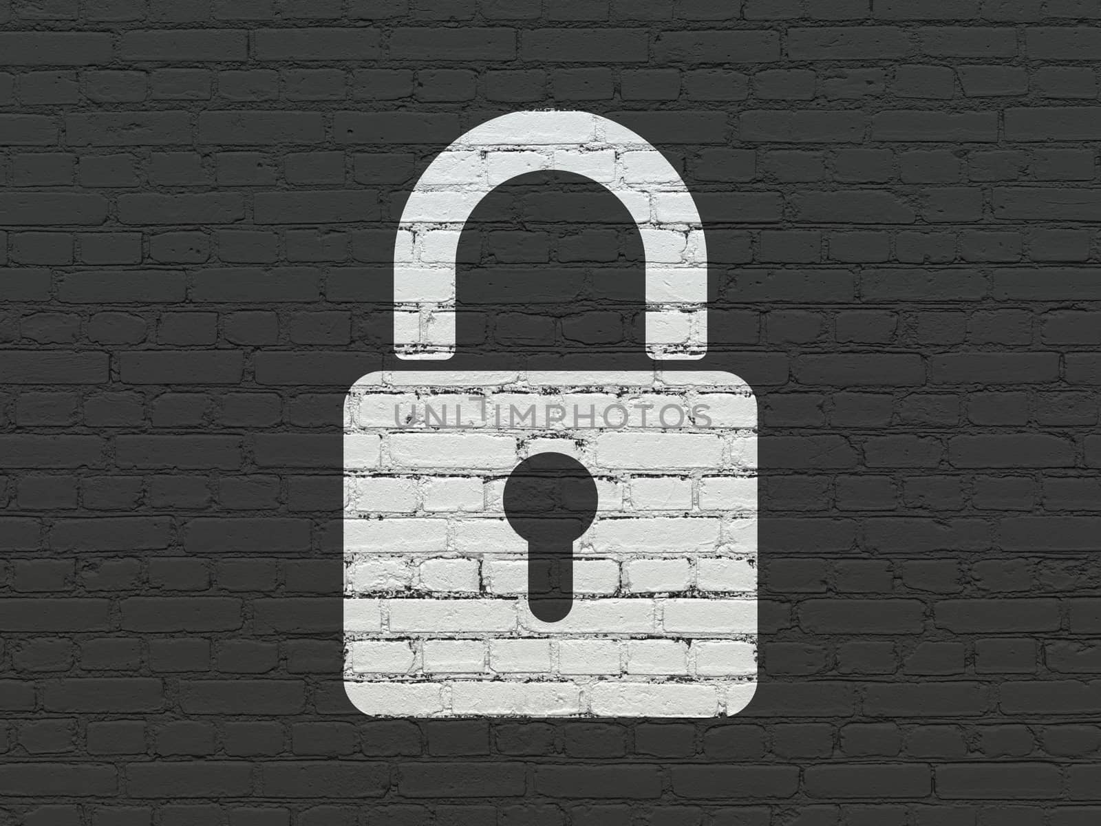 Data concept: Painted white Closed Padlock icon on Black Brick wall background