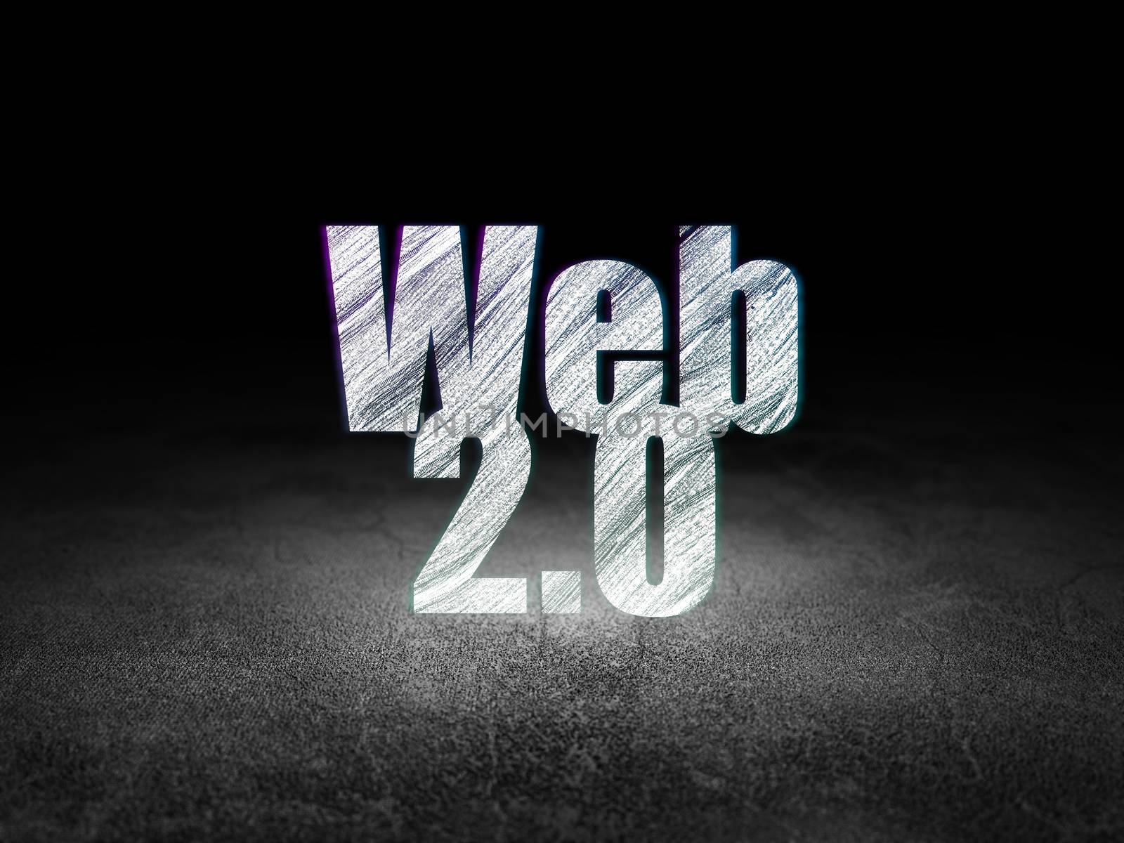 Web development concept: Glowing text Web 2.0 in grunge dark room with Dirty Floor, black background