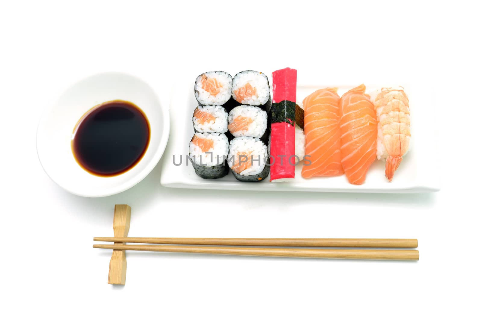 salmon and surimi sushi over white background