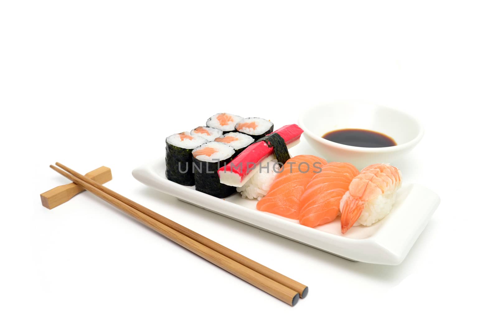 salmon sushi tray isolated over white background